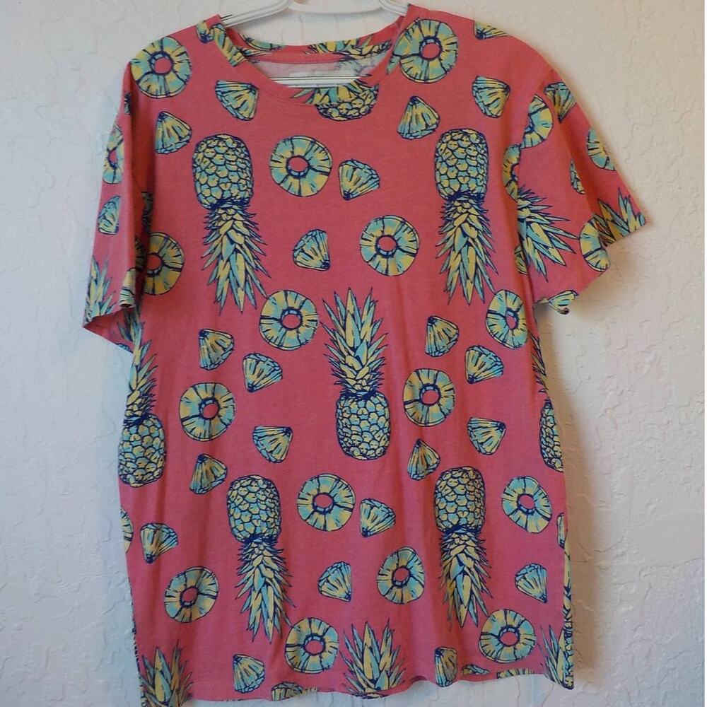 Blind Rooster Pink Tropical T-Shirt Top Floral Pineapple Beach Resort Weekend